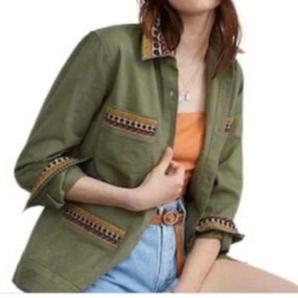 Anthropologie X La Fuori Embroidered Olive Green Utility Jacket